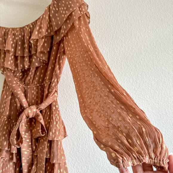 Rococo Sand Aine One Shoulder Mini Chiffon Ruffle Dress Tan Gold Small - Picture 3 of 14